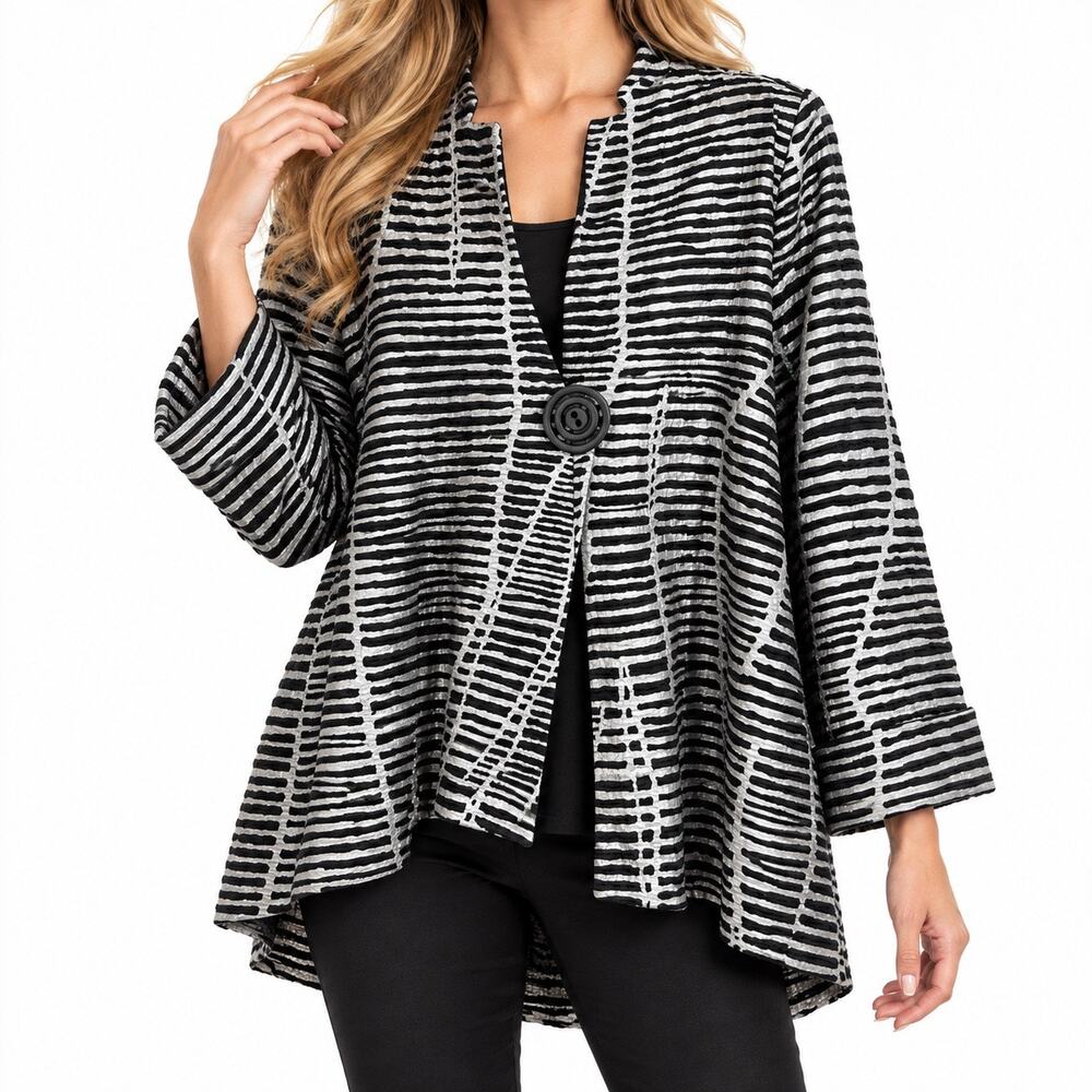 IC by Connie K XL Black Silver Abstract Wearable Art Jacket Blouse Shirt Top